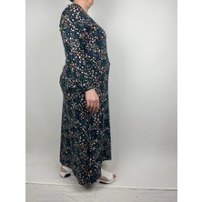 Kadın Siyah Mavi Desenli V Yaka Uzun Kollu Kol Bilekleri Lastikli Mevsimlik Anne Elbise