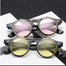 Yuvarlak Steam Punk Çift Lens Yukarı Açılır Pencere Pembe Güneş Gözlüğü