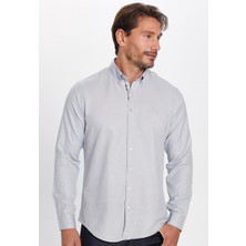 Tudors Erkek Slim Fit Dar Kesim Uzun Kollu Pamuklu Oxford Doku Kolay Ütülenebilir Gri Düğmeli Yaka Gömlek