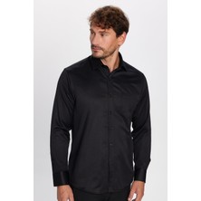 Tudors Erkek Regular Fit Klasik Kesim Pamuklu Tek Cepli Armürlü Siyah Gömlek