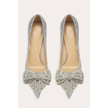 Trendy Anka Lady Princess Gümüş Nude Şeffaf Kristal Fiyonk Taşlı Stiletto 9cm Topuklu Düğün Nişan Abiye Ayakkabı