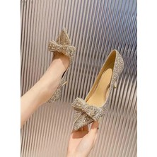 Trendy Anka Lady Princess Gümüş Nude Şeffaf Kristal Fiyonk Taşlı Stiletto 9cm Topuklu Düğün Nişan Abiye Ayakkabı