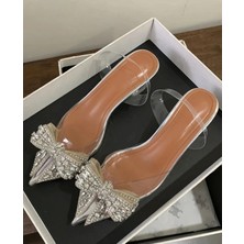 Trendy Anka Lady Princess Gümüş Nude 2cm Şeffaf Topuklu Kristal Fiyonk Taşlı Babet Düğün Nişan Abiye Ayakkabı