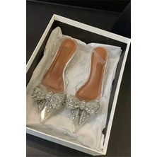 Trendy Anka Lady Princess Gümüş Nude 2cm Şeffaf Topuklu Kristal Fiyonk Taşlı Babet Düğün Nişan Abiye Ayakkabı