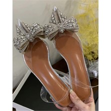 Trendy Anka Lady Princess Gümüş Nude 2cm Şeffaf Topuklu Kristal Fiyonk Taşlı Babet Düğün Nişan Abiye Ayakkabı