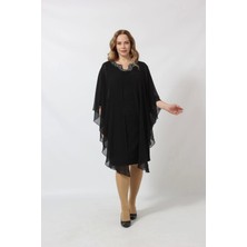 Yakası Taş Baskılı Fukuro Kumaş Kombinli Büyük Beden Kısa Abiye Elbise