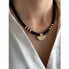 Hercy Gold Madalyon Siyah Fimo Kolye