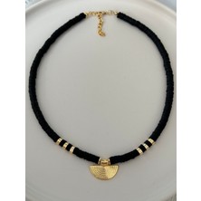 Hercy Gold Madalyon Siyah Fimo Kolye