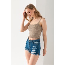 Wega Moda Ponpon Desenli Askılı Crop Top, Body, Şık Rahat V Yaka Fitilli Kolsuz T-Shirt Krop, Askılı Krop, Top