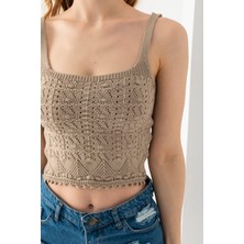 Wega Moda Ponpon Desenli Askılı Crop Top, Body, Şık Rahat V Yaka Fitilli Kolsuz T-Shirt Krop, Askılı Krop, Top