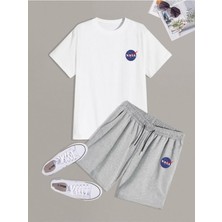 Unısex Mavı Nasa Logo Şort Tişört Takımı