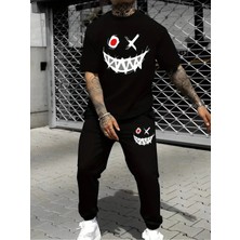 Yoho Sport Oversize Gülen Yüz Baskılı Original Ünisex Yazlık T-Shirt ve Eşofman Altı 2 Li Set Combin Takım