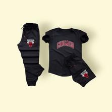 Yoho Sport Chicago Baskılı Ünisex Yazlık Şort T-Shirt Eşofman Altı 3 Lü Set Combin Takım Gri