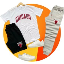 Yoho Sport Chicago Baskılı Ünisex Yazlık Şort T-Shirt Eşofman Altı 3 Lü Set Combin Takım Gri