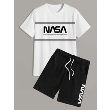 Yoho Sport Unısex Nasa Çızgılı Baskılı Tişört Şort Takımı