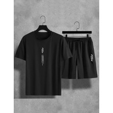 Yoho Sport Siyah Göğüs Dikey Baskılı Alt Üst Şort T-Shirt Takım Pamuklu