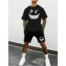 Yoho Sport Oversize Gülenyüz Baskılı Ünisex Yazlık T-Shirt ve Şort 2 Li Set Combin Takım