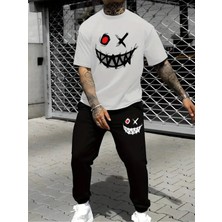 Yoho Sport Oversize Gülen Yüz Baskılı Original Ünisex Yazlık T-Shirt ve Eşofman Altı 2 Li Set Combin Takım