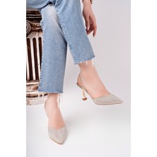 Bulutmod BA04567 Altın Kadın Pul Simli Şeffaf Lastikli Abiye 9 cm Topuklu Ayakkabı