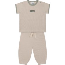 Antebies Organik Krem Waffle Beli Lastikli Bağcıklı Nakışlı Kısa Kollu Erkek Bebek Tshirt Eşofman Takımı