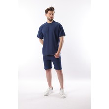 Lacivert Nakış Detaylı Erkek Şort T-Shirt Takım E7305