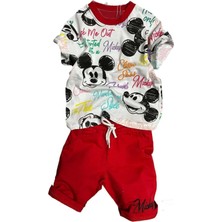 Erkek Çocuk Renkli Yazılar ve Karakter Baskılı Kırmızı Şortlu Takım