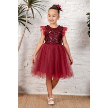Mnk Baby & Kids Bordo Renkli Küpeli Pul Payet Tüllü Kız Çocuk Elbise MNK0526 Şık Stil