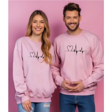 Sweatshirt Sevgili Combin Kalp Nabız Baskılı Pamuklu Kalın ve Yumuşak Ürün Içi Şardonlu 2 'li Set