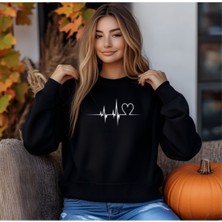 Sweatshirt Kalp Nabız Baskılı Pamuklu Kalın ve Yumuşak Ürün Içi Şardonlu