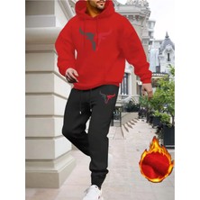 Eşofman Takımı Kapşonlu Boğa  Baskılı Şardonlu ve Pamuklu Yumuşak Kalın Ürün 2'li Set Combin