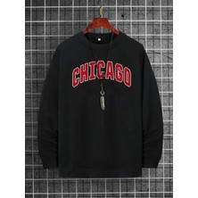 Unisex Chicago Baskılı Bisiklet Yaka Oversize Sweatshirt