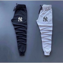 Yanki Ny Baskılı Original Ünisex Kışlık Eşofman Altı 2 Li Set Combin Takım Siyah Gri