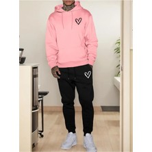 Eşofman Takımı Kapşonlu Kalp Baskılı Şardonlu ve Pamuklu Yumuşak Kalın Ürün 2'li Set Combin