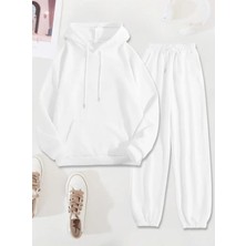 Eşofman Takımı Sweatshirt Kapşonlu Unisex Kışlık Kalın Pamuklu, Şardonlu Kanguru Cepli Beyaz