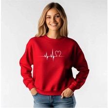 Sweatshirt Kalp Nabız Baskılı Pamuklu Kalın ve Yumuşak Ürün Içi Şardonlu