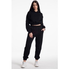 Crop Eşofman Takımı Siyah Kapşonlu 3 Iplik Yumuşak ve Kalın %100 Pamuklu Ürün Yeni Sezon 2'li Takım