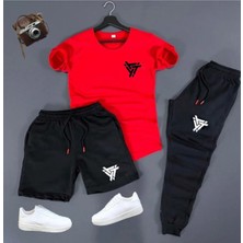Eşofman Takımı Üçgen Baskılı Ünisex Yazlık Şort - T-Shirt - Eşofman Altı 3 Lü Set Combin Takım