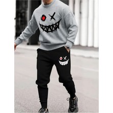 Eşofman Takımı Gülen Yüz Baskılı Unisex Kışlık Kalın Pamuklu Sweatshirt ve Eşofman Altı 2' Li Set