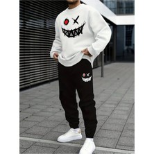 Eşofman Takımı Gülen Yüz Baskılı Unisex Kışlık Kalın Pamuklu Sweatshirt ve Eşofman Altı 2' Li Set
