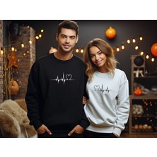 Sweatshirt Sevgili Combin Kalp Nabız Baskılı Pamuklu Kalın ve Yumuşak Ürün Içi Şardonlu 2 'li Set