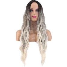 Peruk Market Uzun Su Dalgası Fiber Sentetik Peruk - Küllü Kumral - Beyaz Platin Ombre