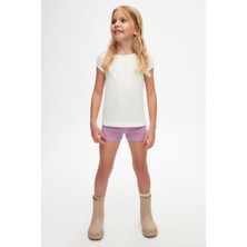 Ekru Basic Kız Çocuk Sıfır Yaka Karpuz Kol Tişört