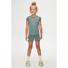 Koyu Yeşil Melanj Basic Kız Çocuk Sıfır Yaka Karpuz Kol Tişört