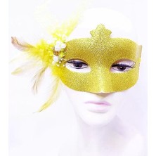 Exporanto Sim Işlemeli Inci Boncuk Detaylı Tüylü Balo Maskesi Altın Renk 13 x 18  cm