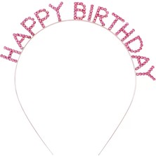 Pembe Renk Kristal Taşlı Gold Renk Kaplama Happy Birthday Taç 16X17 cm