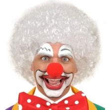 Exporanto Beyaz Renk Kıvırcık Afro Bonus Peruk Saç ve Kırmızı Sünger Burun Seti