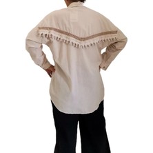 Krem Rengi Arka Püsküllü Oversize Gömlek