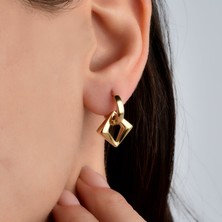 Nox Jewelry 14 Ayar Altın Kaplama Geometrik Kare Sallantılı Gümüş Küpe - Minimal Halka Küpe Kadın - E00278