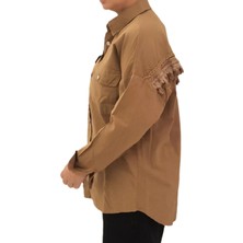 Çizgin Kahverengi Arka Püsküllü Oversize Keten Gömlek