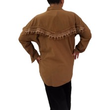 Çizgin Kahverengi Arka Püsküllü Oversize Keten Gömlek